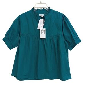THML Teal Blue Green Ruffle Neck Babydoll Cotton Puff Sleeve Blouse Women M NWT